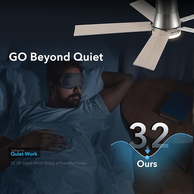 52 Inch Flush Mount Brushed Nickel Ceiling Fans with Lights and Remote | 6 Speed Reversible DC motor,3-color temperature dimmable LED.For indoor/covered outdoor.Modern style for bedroom room