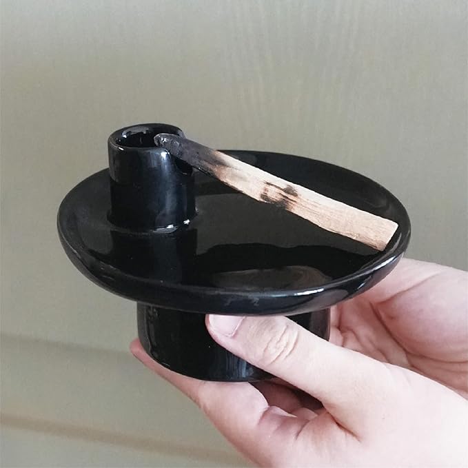 4-in-1 Ceramic Incense Burner Holder, 5-Inch Multipurpose Incense Ash Catcher for Sage, Palo Santo, Cone Incense and Candles (Black)