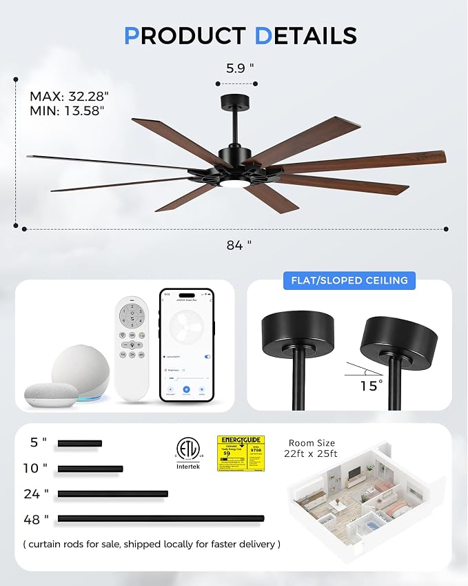 84 Inch Ceiling Fan,Large Indoor Outdoor Ceiling Fan for High Ceilings,Covered Patio & Garage,Smart Ceiling Fan Compatible with Alexa,Black Ceiling Fan with Dual Finish 8 Blades, ZCCF05BK-84