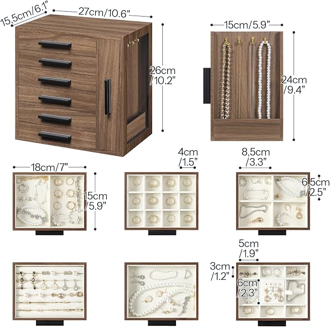 HOOBRO Jewelry Box for Women, Jewelry Organizer Box, 6-Tier Wooden Jewelry Box, Jewelry Case with Side Transparent Window, for Earring, Necklace, Bracelet, Walnut and Black BH12JB04