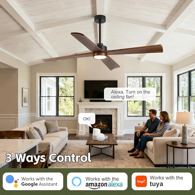 52 Inch Outdoor Ceiling Fan with Lights for Patio, Modern Rustic Farmhouse Smart Ceiling Fan, Solid Wood Blades, Reversible Energy Large Airflow with 3 Downrods for Bedroom Indoor Exterior Commercial