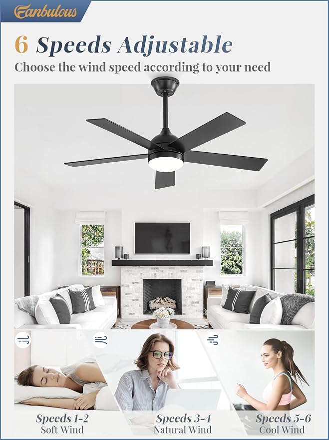 Fanbulous 42 Inch Ceiling Fan with Light and Remote, Black Ceiling Fans with Light, 5 Dual-Color Blades, Reversible Quiet DC Motor, 6 Speeds, 3CCT Adjustable LED for Bedroom Living Room Kitchen Patio