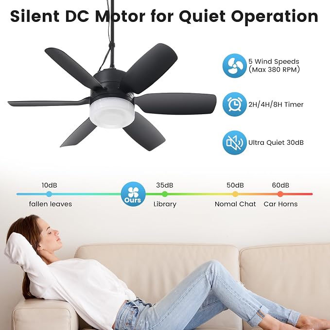 Fanspex 20.5'' Plug in Ceiling Fan with Light for Gazebo Patio Canopy Tent | 5 Fan Speeds with Adjust Lighting for Porch RV Cooling or Air Circulation, Black