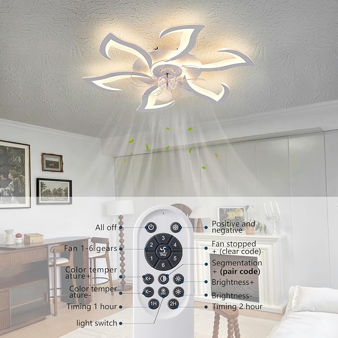 White Flower Modern CeilingFans with Lights, Low Profile Ceiling Fan with Remote for bedroom, 32inch Flush Mount Ceiling Fan with LED Dimmable Light,3-Colors, 6-Speeds, Timing Ceiling Fan Light