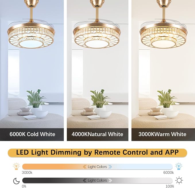 42" Retractable Ceiling Fans with Lights, Crystal Chandelier Ceiling Fan with Remote & APP Control, Modern Dimmable LED Fandelier for Living Room, Dinning Room, Bedroom (Gold)