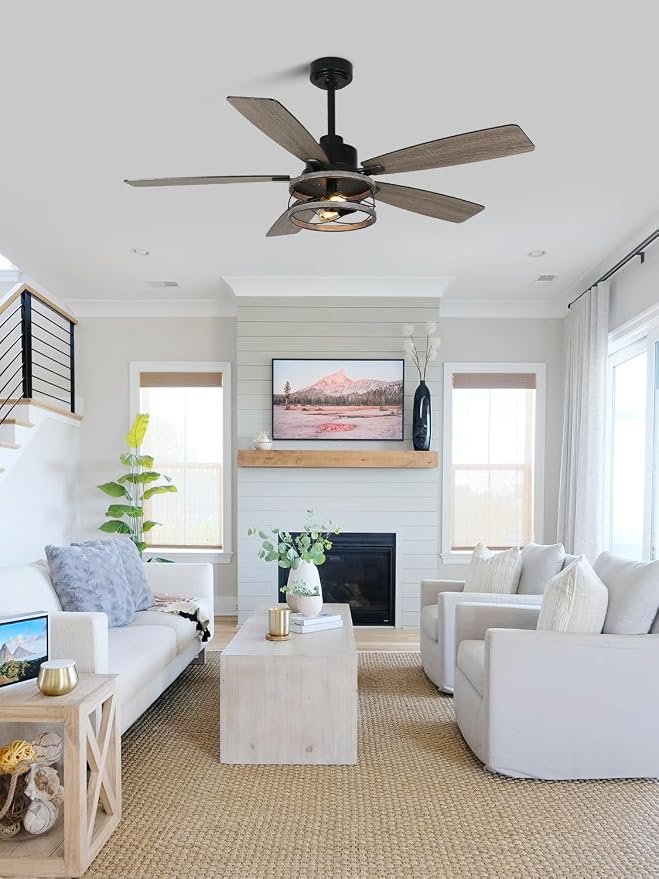 52" Farmhouse Ceiling Fan with Lights and Remote Rustic Fandelier | Wood Caged Fandalier Industrial Chandelier, for Bedroom Living Room, Reversible DC Motor 6 Speed, 3 E26 Bulbs (Not Included)