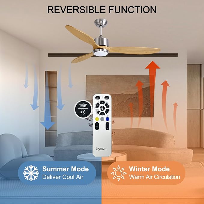 Ovlaim 60 Inch Wood Ceiling Fan with Light, Quiet DC Motor, Smart 6-Speed | 35dB Quiet, Light Wood Blades, 3-Color Dimmable, Memory Function, Reversible Motor, Living Room Patio