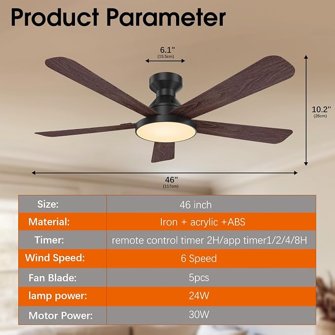 Ceiling Fans with Lights, 46" Low Profile Ceiling Fan with Light, Remote/App Control, Flush Mount Black Ceiling Fan for Bedroom, Indoor/Outdoor (Dark Wood)