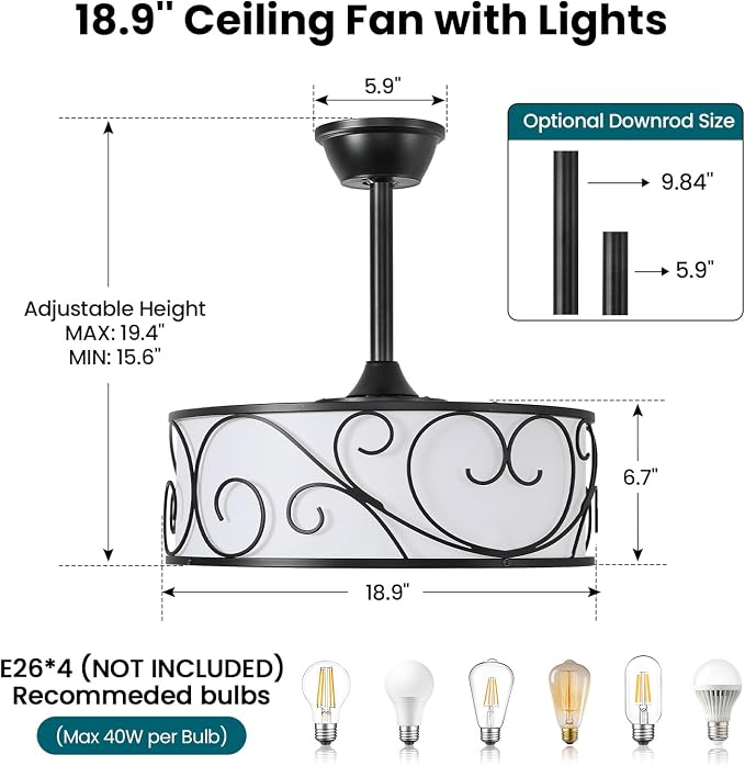 Farmhouse Caged Ceiling Fan Light: 18.9" Semi Flush Mount Ceiling Fan Lights Bladeless Fandelier with Remote/Timer/Reversible 6 Speeds/DC Motor Small Ventilador de Techo for Bedroom Living Room