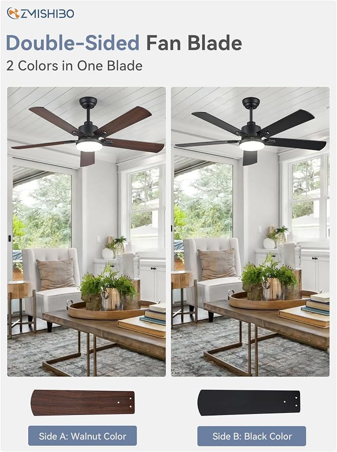ZMISHIBO 2 Pack 52" Ceiling Fans with Lights, Black Modern Ceiling Fan with Remote & App Control, Farmhouse Indoor Fan with Dual Finish Blades, Quiet & Strong Motor, 24W Dimmable Bright LED Light.
