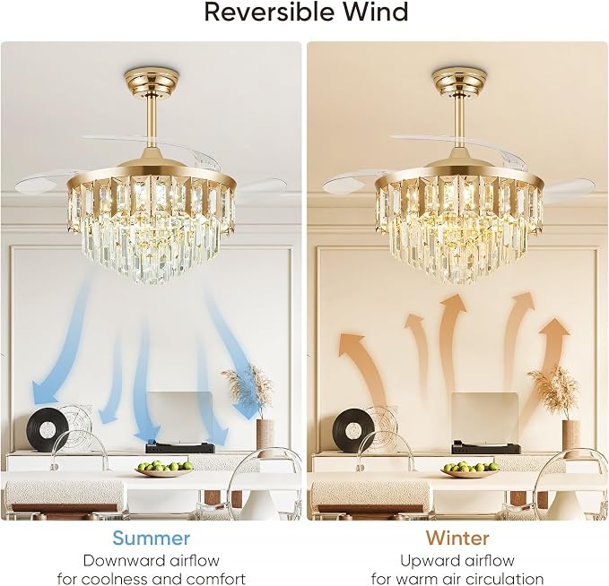 TXCSLY 48" Fandelier Ceiling Fan with Light, Crystal Chandelier Fan with Retractable Blades Dimmable Crystal Ceiling Fan Chandelier for Bedroom Living Room Dining Room-Gold