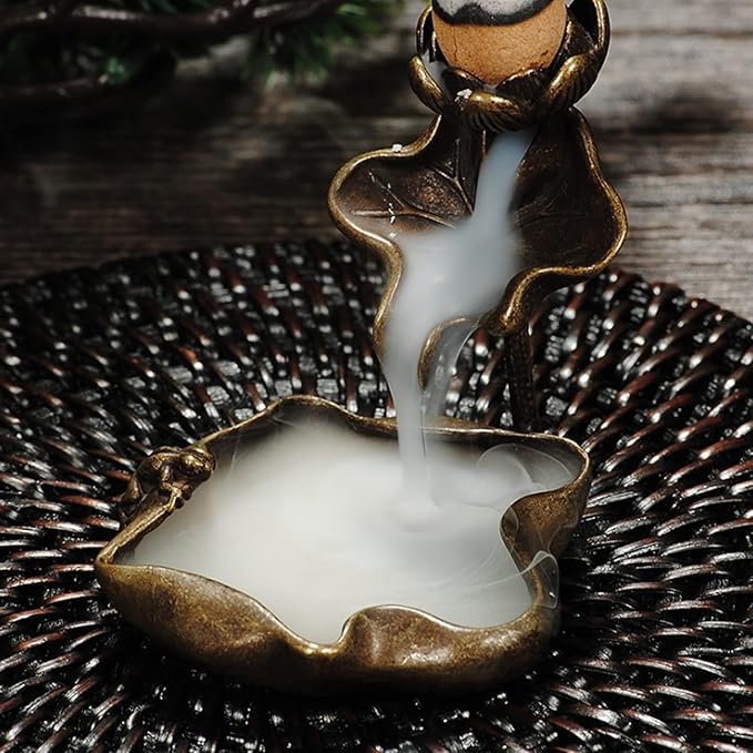 OwMell Lotus Backflow Incense Holder, Vintage Brass Lotus Waterfall Incense Burner, Aromatherapy Ornament Home Decor - Frog