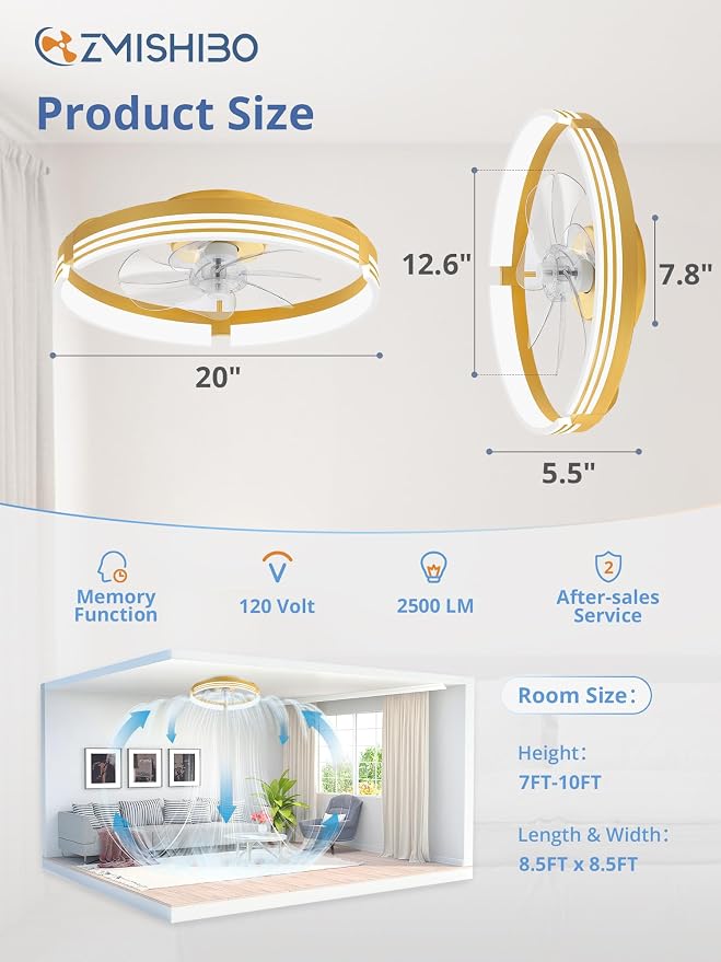 ZMISHIBO Low Profile Ceiling Fans with Lights and Remote, 20 Inch Flush Mount Ceiling Fan with Light, 3000K-6000K Dimmable Fandelier LED Fan Light, 6 Wind Speeds Gold Ceiling Fans for Bedroom