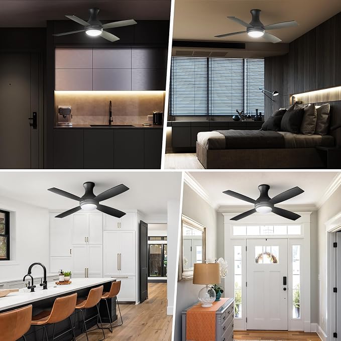 Consciot 52 Inch Ceiling Fan With Lights, Modern Black Ceiling Fan, Remote Control, Quiet Reversible DC Motor, Flush Mount, Dimmable 3CCT LED Light, Double Finish Blade, For Indoor Bedroom Living Room