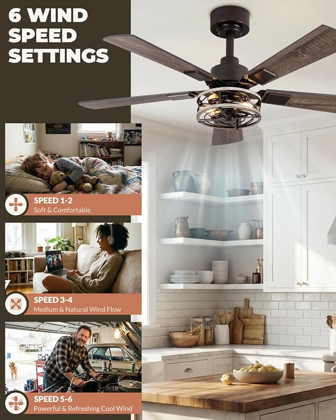 Farmhouse 42 Inch Ceiling Fans with Lights, Low Profile Flush Mount Ceiling Fan with Remote Control, Quiet and Reversible DC Motor, 6-Speed Caged Rustic Ceiling Fan for Bedroom, Living Room, Walnut