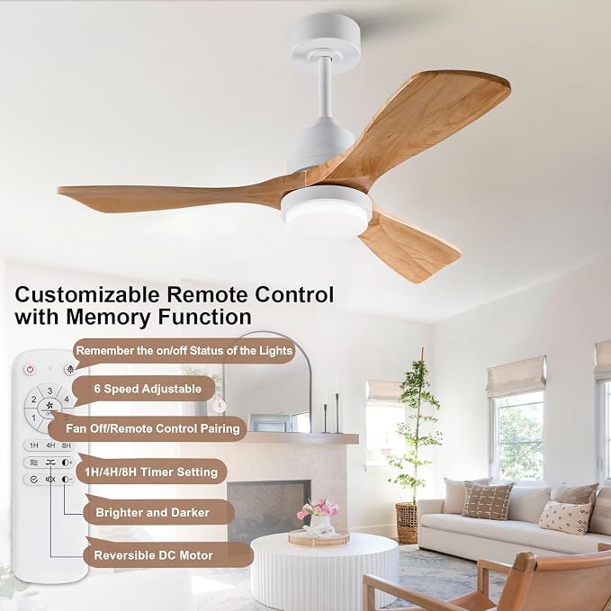 42 Inch White Ceiling Fans with Lights and Remote,Dimmable LED Light,Quite Reversible DC Motor,Memory Function,Modern Solid Wood Indoor Outdoor Ceiling Fan with Light for Farmhouse Bedroom Patio