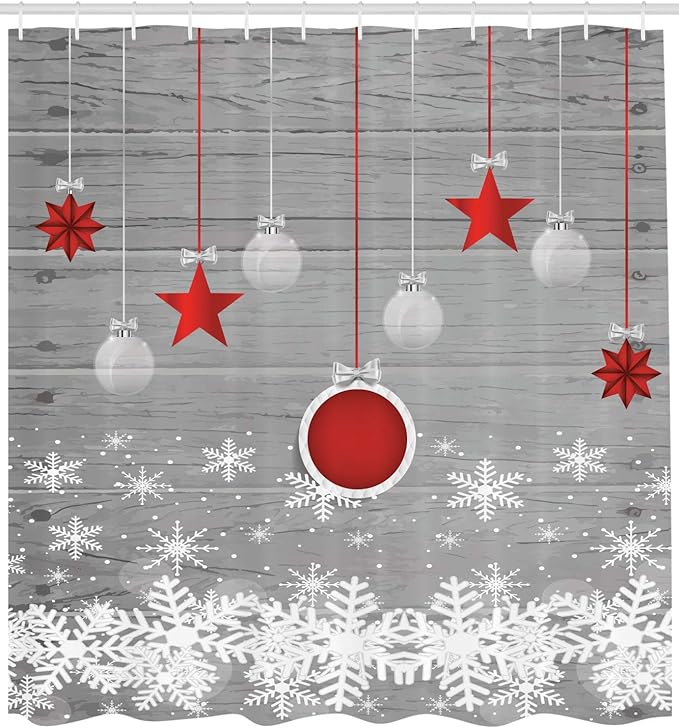 Ambesonne Christmas Shower Curtain, Traditional Celebration Theme Pendant Stars Baubles Ornate Snowflakes, Cloth Fabric Bathroom Decor Set with Hooks, 69" W x 70" L, Grey Red White
