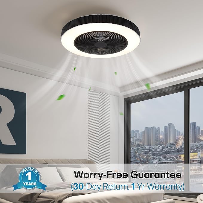 20" Bladeless Ceiling Fans with Light Remote Control,LED Smart Flush Mount Ceiling Fan With light for Bedroom, Kids Room, Reversible Motor, 6 Wind Speed, 3000LM, 57W-White/Black (Black)