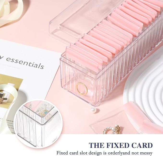 HOMEHIVE Acrylic Jewelry Box Organizer, Clear Jewelry Organizer Holder with 20 Portable Anti Tarnish Jewelry bags, Travel Jewelry Case for Earrings/Rings/Necklaces for Women Girls, Pink