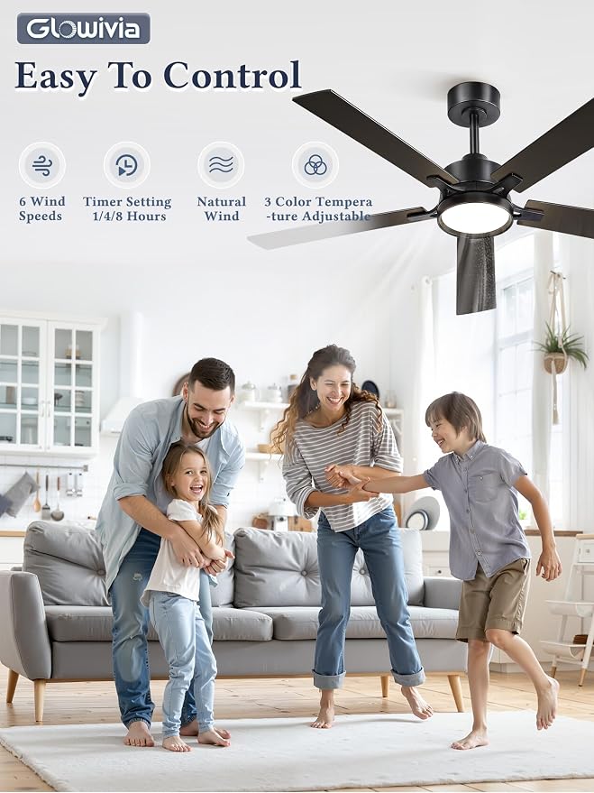 52 Inch Ceiling Fan with Lights and Remote, Smart APP Control, Dimmable with All-Setting Memory, Quiet DC Motor Reversible Blades, Damp Rated Modern Ceiling Fan for Bedroom Patio Living Room
