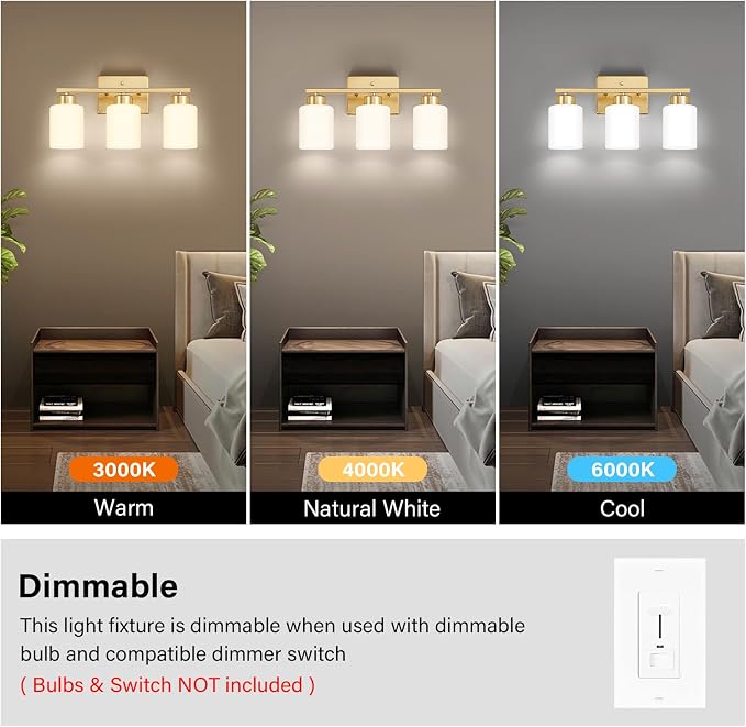 FonmYim Gold Bathroom Light Fixtures, 3-Light Modern Vanity Light Over Mirror, Wall Sconces with Milky White Frosted Glass Shades, E26 Socket (Bulbs Not Included)