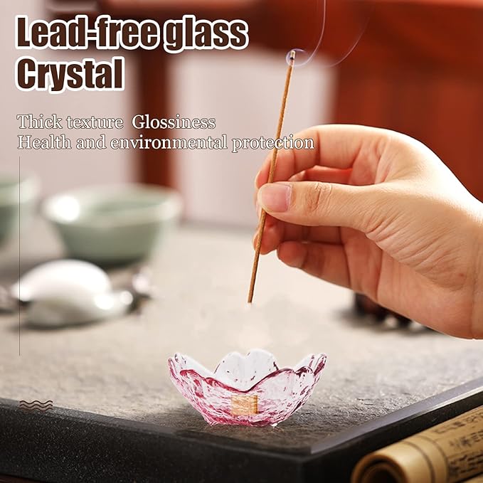 Incense Holder for Sticks and Backflow Incense, Handmade Glass Cherry Blossom Incense Stick Holder with 9 Incenses Holes Incenses Burner Ash Catcher Ideal for Incenses Burning, Home & SPA Decor