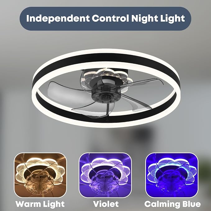 FSZDORJ 20'' Ceiling Fan with Light and Remote, Low Profile Ceiling Fan with Light, Dimmable Flush Mount Ceiling Fan Light, 6 Speeds Fan, App&Remote Control, Fandelier Quiet Fan for Bedroom F105 Black