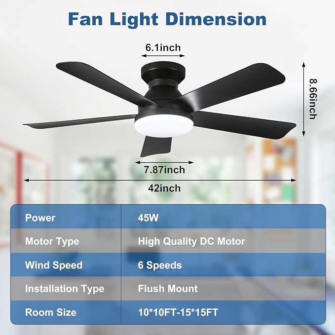 Hywyimlait Black 42Inch Ceiling Fan Light with Remote Control, Flush Mount Installation, Reversible Rotation, 3 Color Temperatures, 2/4H Timer, Suitable for Bedrooms, Living Rooms, Indoor/Outdoor Use