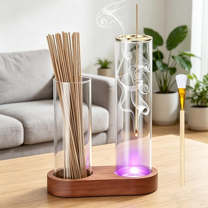 2 in 1 Glass Glowing Incense Holder for Sticks with Glass Ash Catcher, Upside Down Anti-Ash Incense Stick Burner, Modern Vertical Incense Holder for Yoga, Spa, Meditation and Home Decor