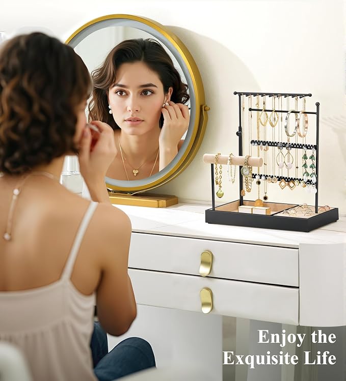 Emibele Jewelry Necklace Holder, 5 Tier Jewelry Organizers and Storage | Earring Bracelet Holder, Jewelry Display with Metal Frame Velvet Ring Tray, Aesthetic Jewelry Stand Gifts for Women, Black