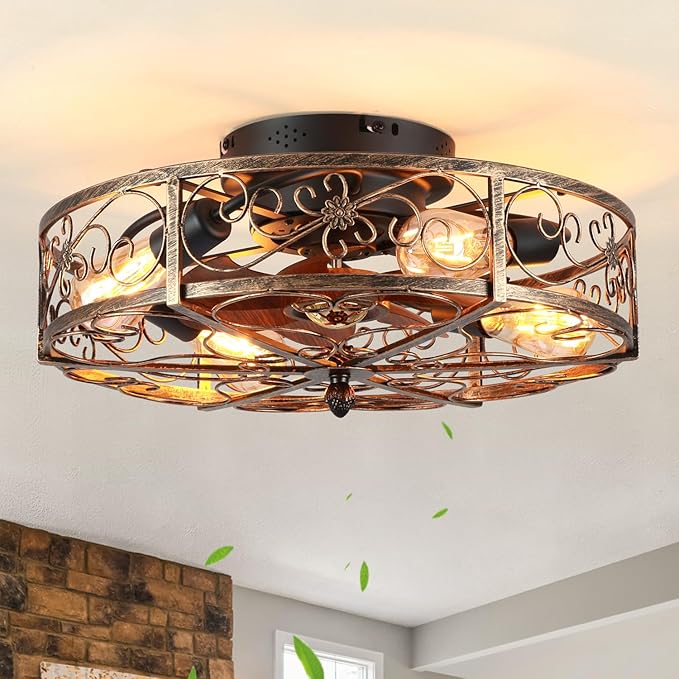 20'' Caged Ceiling Fan with Lights and Remote Control,Small Farmhouse Bladeless Low Profile Ceiling Fans Lights,Vintage Flush Mount Ceiling Light,Reversible Motor 6 Speeds for Bedroom,Living Room