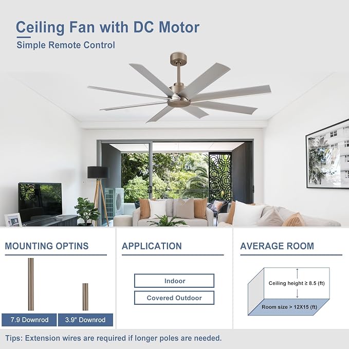 Ceiling Fan: 72 Inch Nickle DC Motor - 8 Large Blades, Remote Control - Farmhouse Indoor/Outdoor Ceiling Fan for Bedroom, Living Room, Patio