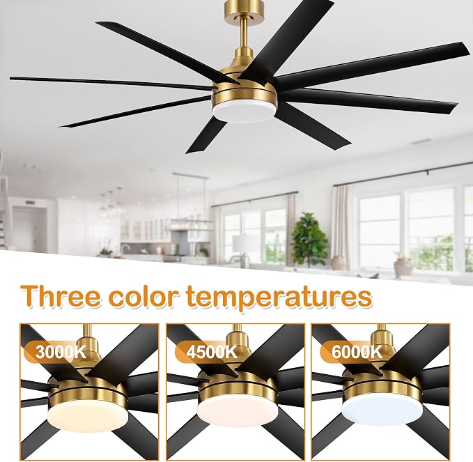 65 Inch Ceiling Fans with Lights and Remote, 8 ABS Blades, Quiet Reversible DC Motor, 6-Speed, Timer, 2 Downrods, 3 Color Led Light, Industrial Ceiling Fans Fandelier for Bedroom Office (Gold & Black)