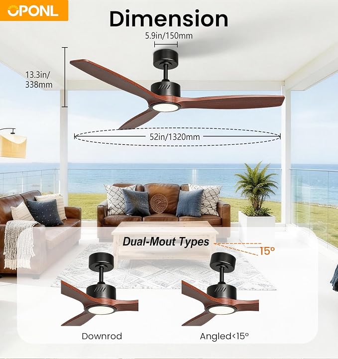 OPONL Ceiling Fan with Light, Ceiling fan with Light and Remote Control, Reversible, 6CCT, Dimmable, Noiseless, Ceiling Fan for Bedroom, Indoor/Outdoor Use, Black, 52 inch, Wood