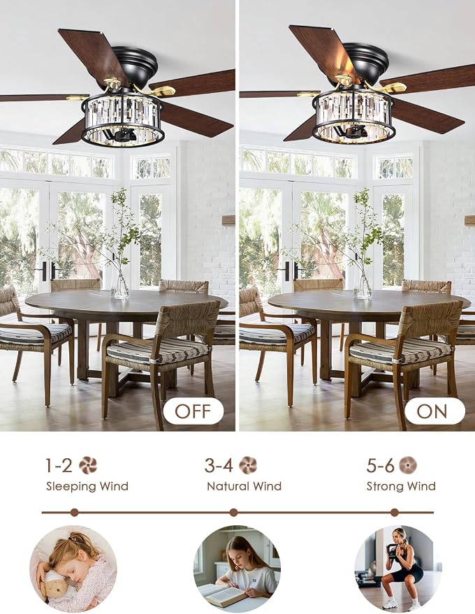 52 inch Flush Mount Ceiling Fan with Light Remote Control | Low Profile Crystal Chandelier Fandeliers 5 Reversible Blades Indoor Farmhouse Ceiling Fans for Bedroom Living Room Kitchen