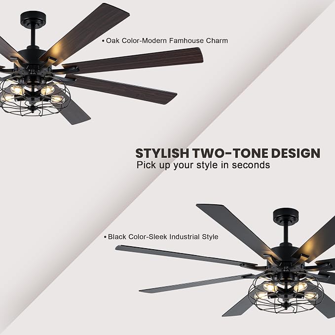72 Inch Ceiling Fans with Lights Black Farmhouse Ceiling Fan with Remote for Living Room Large Caged Chandelier Fan 5*E26 Bulbs 6 Speed Reversible Quiet DC Motor Wood Blades (NO Bulbs)