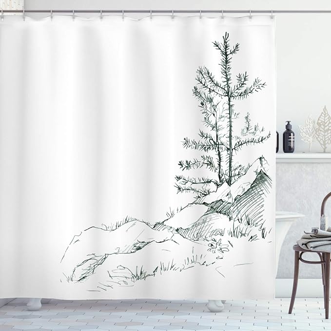Ambesonne Sketchy Shower Curtain, Young Thin Pine Trees on Rocks Ecology Forest Park Habitat Landscape Sketch Print, Cloth Fabric Bathroom Decor Set with Hooks, 69" W x 75" L, White Charcoal