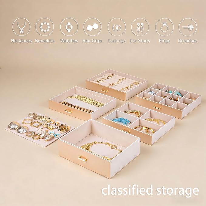 BOOVO Large Jewelry Boxes For Women (Gold, 6 Layer) | 6 Layers Jewelry Organizer Box With Cosmetic Storage Drawer, Necklace Ring Jewelry Organizer Box