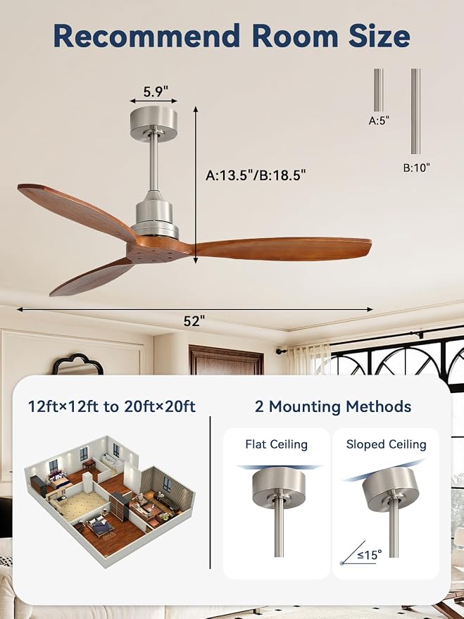 Sofucor 52 Inch Smart Ceiling Fans no Light, Works with App/Alexa/Google, Dimmable 6-Speed Outdoor Wood Ceiling Fan with Remote for Indoor Bedroom Living Room Outdoor Patio Porch