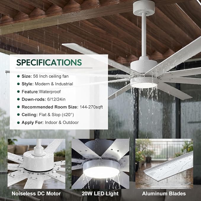 56 Inch White Outdoor Ceiling Fan with Light, All Weather Wet Rated, Smart Alexa/App/Remote Control, 8 Anti-rust Aluminum Blades, High Airflow 7446 CFM, Modern Farmhouse Fan for Patios Coastal Garage