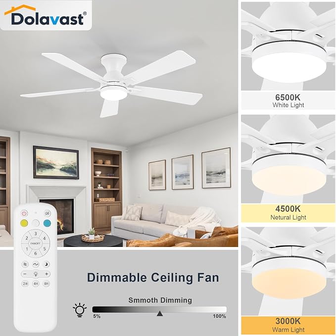 Ceiling Fans with Lights, 52 Inch Low Profile Ceiling Fan with Light and Remote Control, Flush Mount, Reversible, 3CCT, Dimmable LED, Quiet, White Ceiling Fan for Bedroom, Living Room