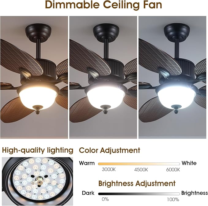 Wiviniya 50 Inch Tropical Ceiling Fans with Lights, Palm Leaf Waterproof Outdoor Ceiling Fan for Patios Porch, Remote/APP Control, Wet Rated, Glass Lampshade, Quiet DC Motor, Dimmable LED, Brown