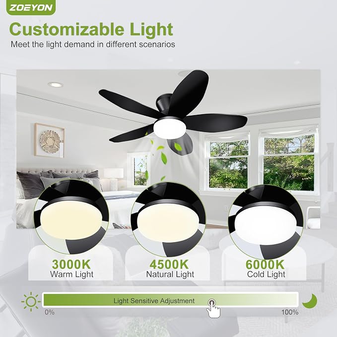 Small Ceiling Fan with Light - 35 Inch Flush Mount Ceiling Fan with Lights and Remote, Low Profile Ceiling Fans with 5 Reversible Blades, 6 Wind Speeds, Black Ceiling Fans for Bedroom