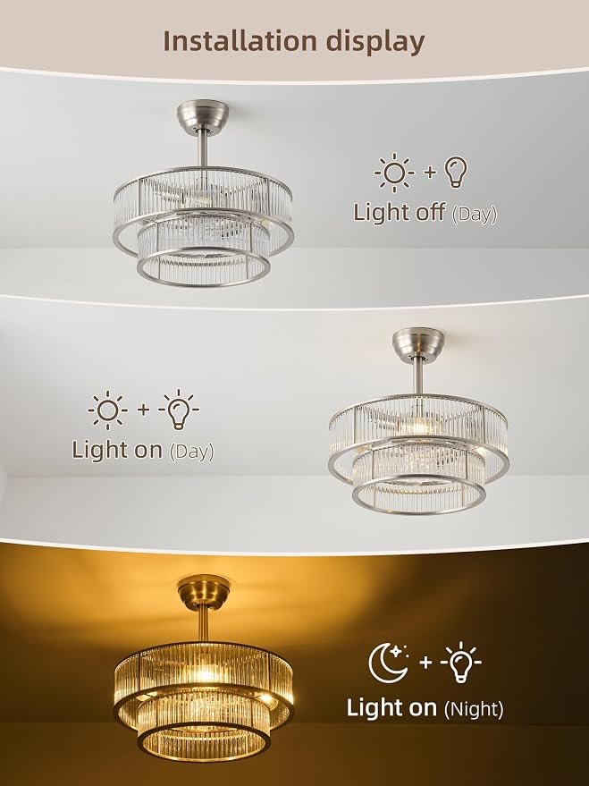 Silver Fandelier Ceiling Fans with Lights, 20" Silver Crystal Chandelier Ceiling Fan with Light Remote Control, Caged Mid Century with 6 Speeds for Bedroom, Living Room, Nursery