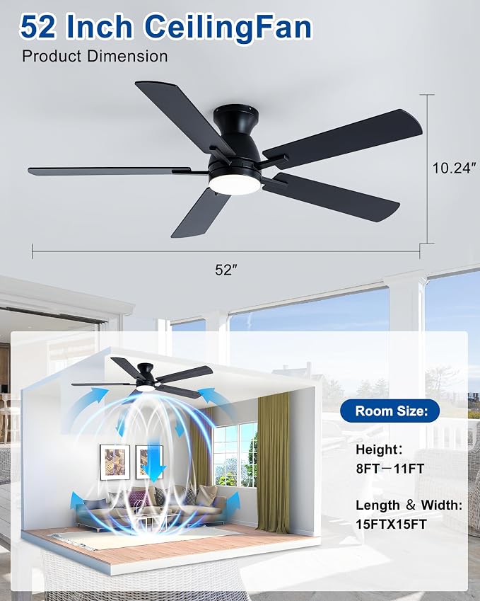 Coolwind 52in 5 Blade Black Flush Mount Dimmable Ceiling Fan | APP and Remote Control, Low Profile Bedroom Ceiling Fan with 6 Speeds & 3CCT, Quiet DC Motor for Indoor/Outdoor Use