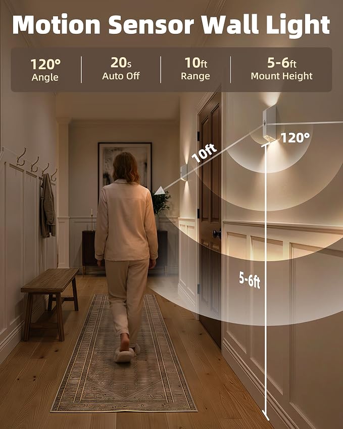 EZVALO Motion Sensor Wall Light with Remote Control, Wireless Wall Lamp, 3 Color Temps, Dimmable, Magnetic, LED Indoor Rechargeable Wall Sconce, 4000mAh, for Hallway, Stair, Bedroom, Renters