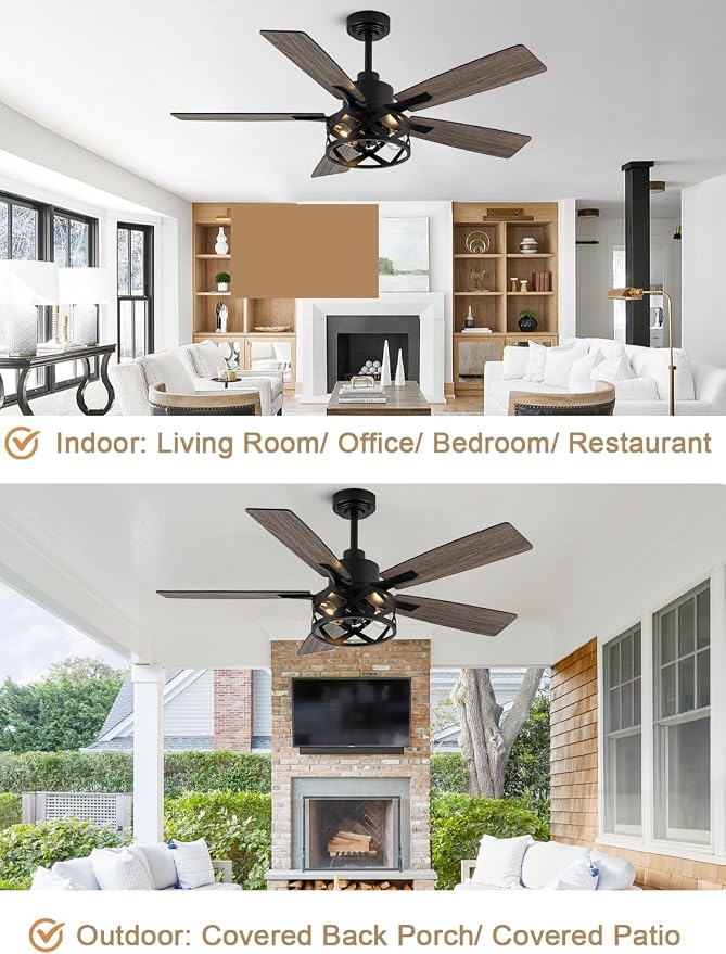 52" Farmhouse Ceiling Fan with Lights and Remote, Rustic Ceiling Fan Black Caged Fandelier Large Industrial Chandelier Light for Bedroom Living Room, Reversible DC Motor 6 Speeds