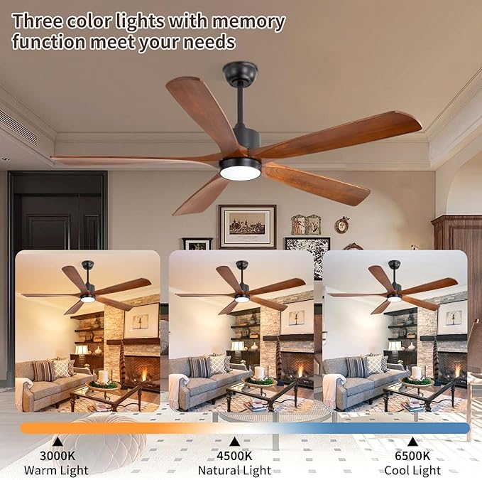 70 Inch DC Ceiling Fan Light 5 Walnut Blades UL Damp Rated | 5 walnut blades, 3000K-6500K dimmable LED, 6-speed reversible remote, UL damp rated for indoor outdoor farmhouse