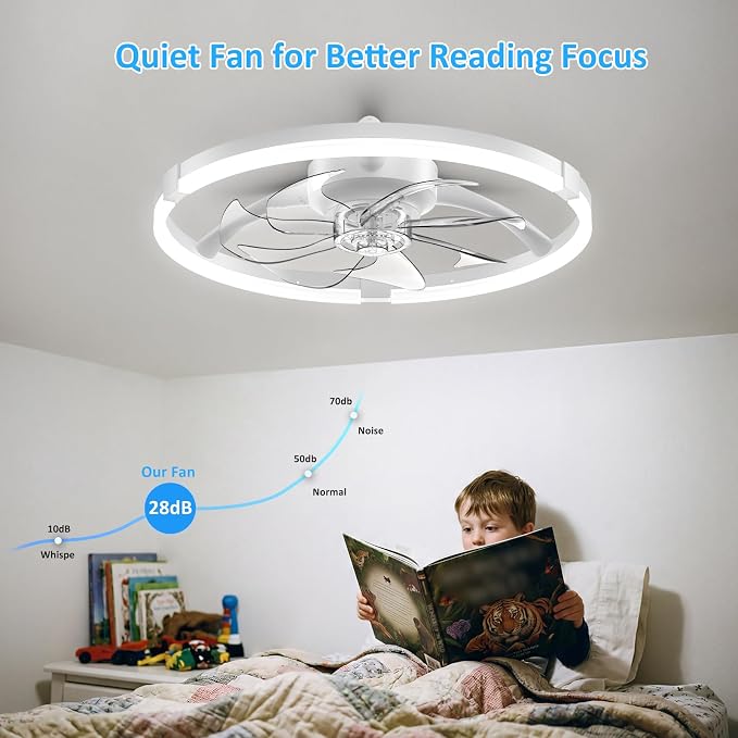 20'' Low Profile Ceiling Fan with Lights, Ceiling Fans with Lights and Remote, 3000-6500K Dimmable Modern Flush Mount LED Fan Lights, 6 Wind Speeds Ceiling Fans for Bedroom