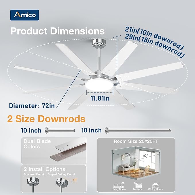 Amico 72 inch Brushed Nickel Ceiling Fan with Light, Large Modern Ceiling Fans with Remote, Reversible DC Motor, Dimmable 3CCT LED, Quiet Indoor/Outdoor for Living Room, Bedroom, Patio